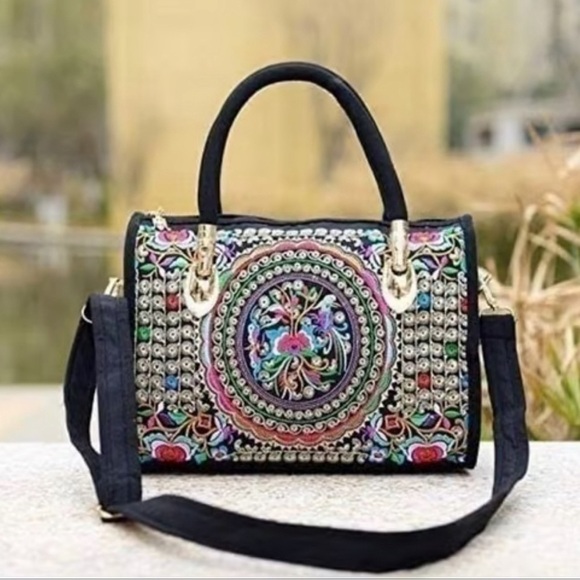 Daubdo Handbags - Daubdo Black Floral Canvas Embroidered Casual Shoulder Satchel Bag